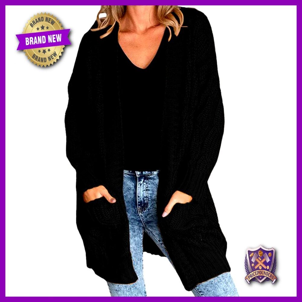 Plus Size Cable Knit Cardigan Sweater Long Sleeve Open Front Pockets